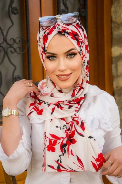 Kırmızı Beyaz Çiçek Desen Kelebek Bone Şal - Resim 2