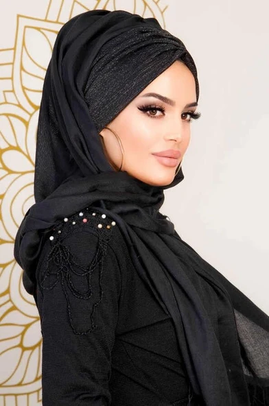 Siyah Simli Büzgülü Hazır Şal - Resim 2