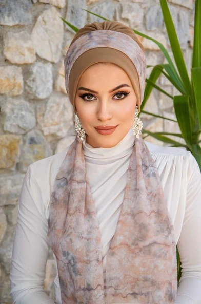 Bej Ebruli Desen Fularlı Bone - Resim 2