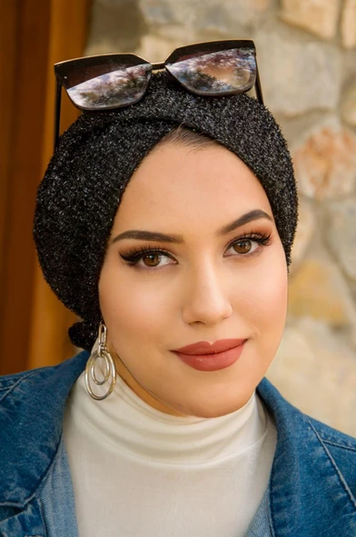 Siyah Kırçıllı Abiye Hazır Çapraz Bone - 2