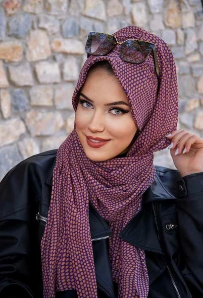 Mor Puan Desenli Şapka Şal - Resim 2