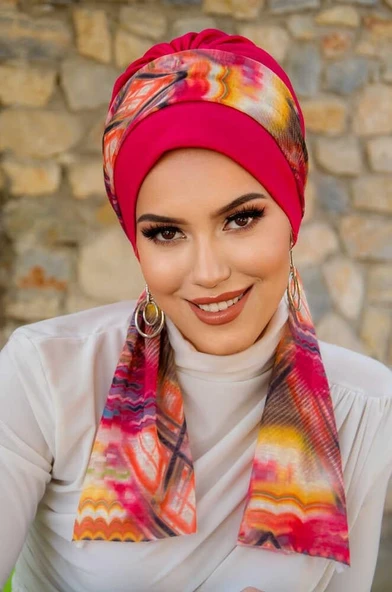 Fuşya Retro Desen Fularlı Bone - Resim 2