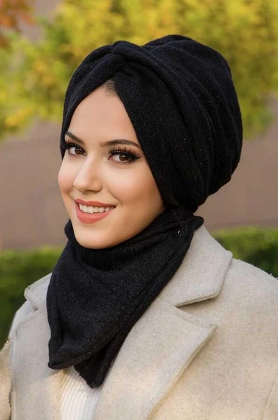 Siyah Triko Kışlık Burgu Bone Ve Etol Takım - Resim 2