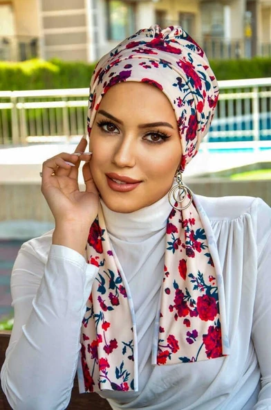 Ekru Bordo Çiçek Desenli Atkılı Bone - Resim 3