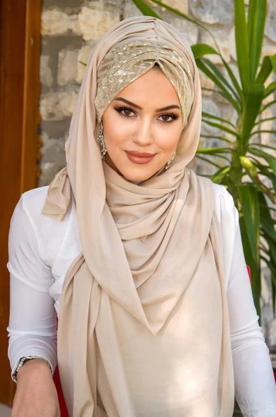 Bej Vizon Büzgülü Hazır Şal ürün görseli