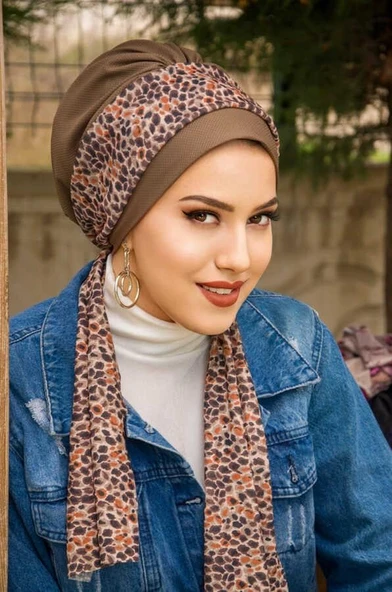 Vizon Leopar Desen Fularlı Bone - Resim 3