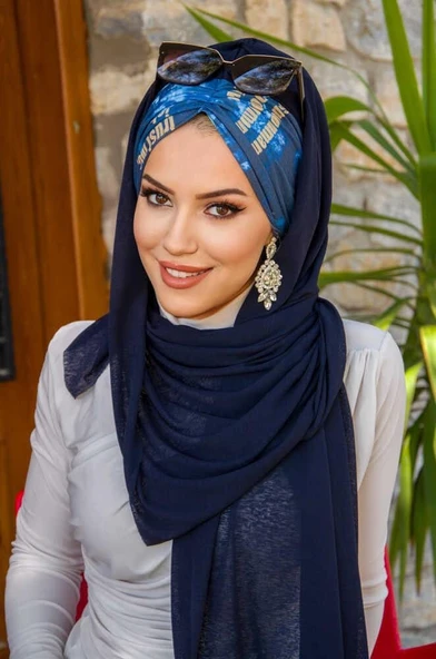 Lacivert Hardal Yazı Desen Hazır Şal - 1