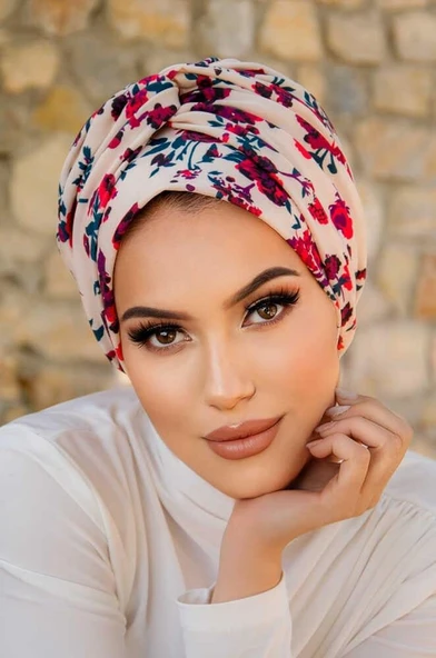 Kemik Kırmızı Çiçek Desen Burgu Detaylı Bone - Resim 3