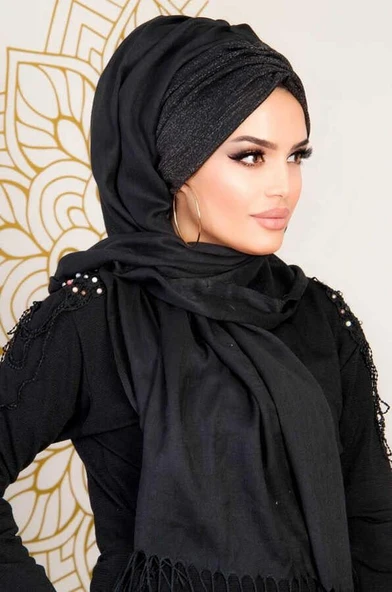 Siyah Simli Büzgülü Hazır Şal ürün görseli