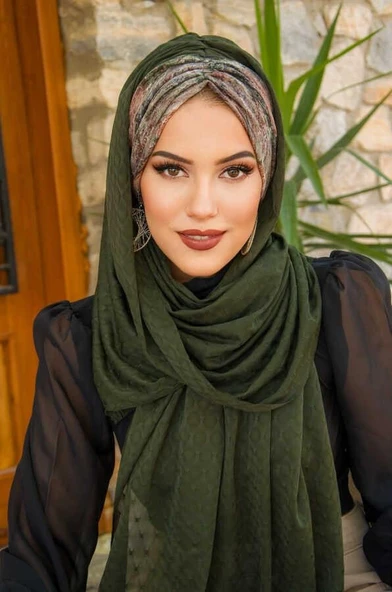 Haki Batik Desenli Hazır Şal - Resim 4