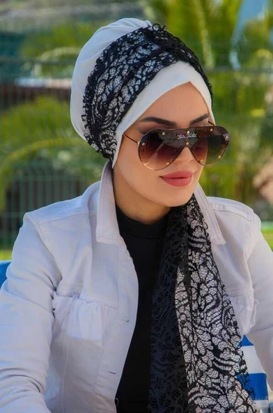 Beyaz Siyah Dantel Fularlı Bone-40602 ürün görseli