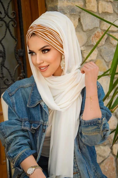 Kırık Beyaz Taba Çizgili Hazır Şal - Resim 2