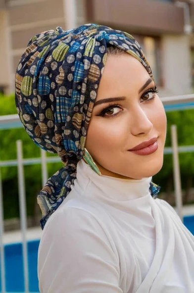 Lacivert Puan Desen Tokalı Bone - Resim 2