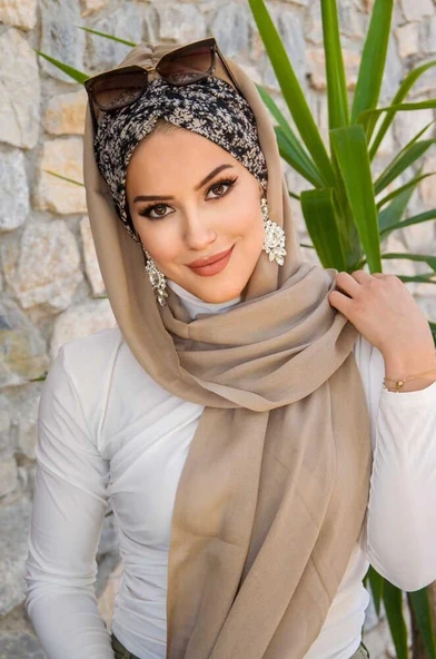 Bej Siyah Çiçek Desen Hazır Şal - Resim 4