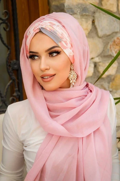 Pudra Somon Çiçek Desen Hazır Şal - Resim 2