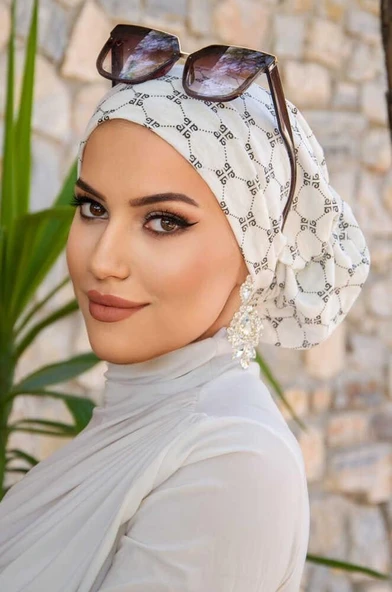 Beyaz Yazı Desen Çağla Hazır Türban - Resim 3