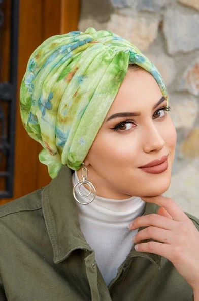 Fıstık Yeşil Çiçek Desen Tokalı Bone - Resim 3