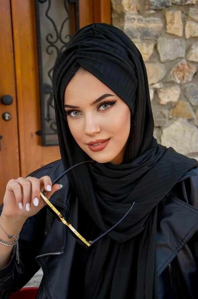 Siyah Çizgili Kelebek Model Büzgülü Bone Şal - Resim 3