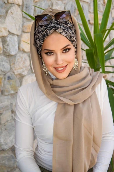 Bej Siyah Çiçek Desen Hazır Şal - Resim 3