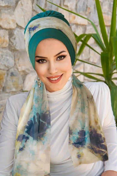 Zümrüt Turkuaz Batik Desen Fularlı Bone ürün görseli