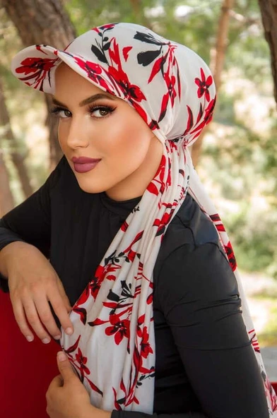 Kırmızı Beyaz Desen Şapkalı Bone Şal - Resim 2