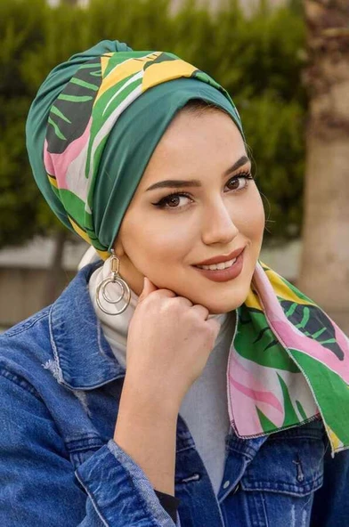 Zümrüt Renkli Yaprak Desen Fularlı Bone ürün görseli