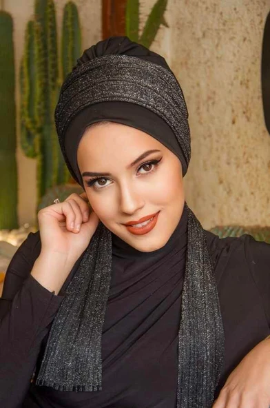 Siyah Gümüş Pilise Fularlı Bone ürün görseli