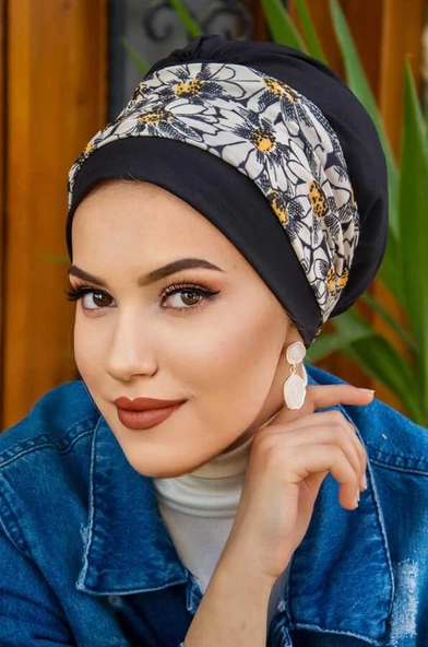 Siyah Ekru Desen Bantlı Bone ürün görseli