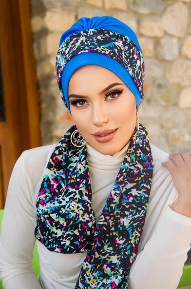 Mavi Siyah Puan Fularlı Bone ürün görseli