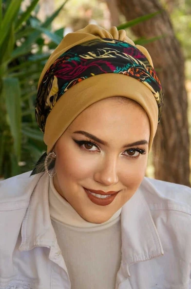 Camel Yaprak Desenli Bantlı Hazır Bone - 2