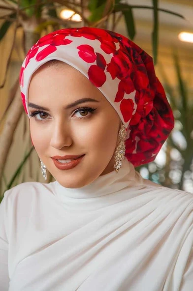 Kırmızı Gül Desen Çağla Hazır Türban - 1