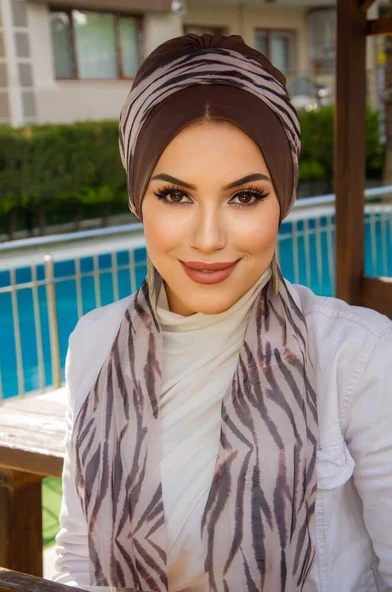 Kahve Zebra Desen Fularlı Bone - Resim 2