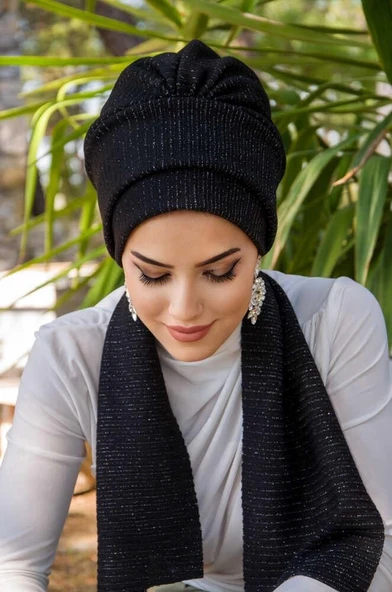 Siyah Fitilli Atkılı Bone - Resim 4