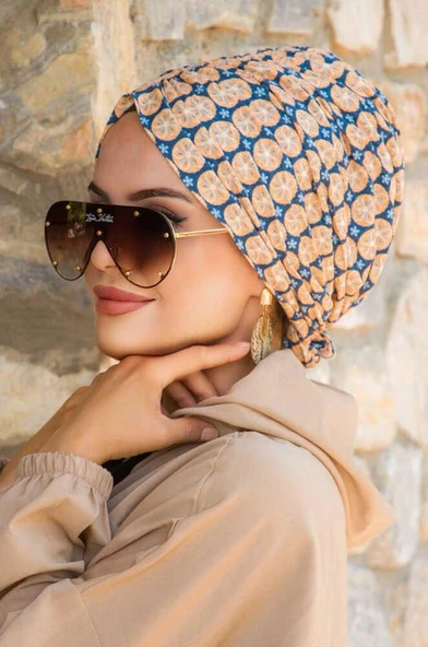 Lacivert Camel Desen Tokalı Bone - Resim 2