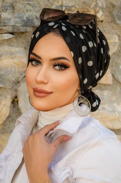 Siyah Beyaz Puan Desen Tokalı Bone - Resim 4