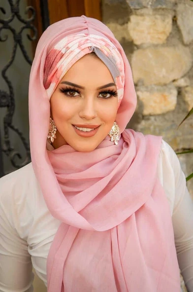 Pudra Somon Çiçek Desen Hazır Şal ürün görseli