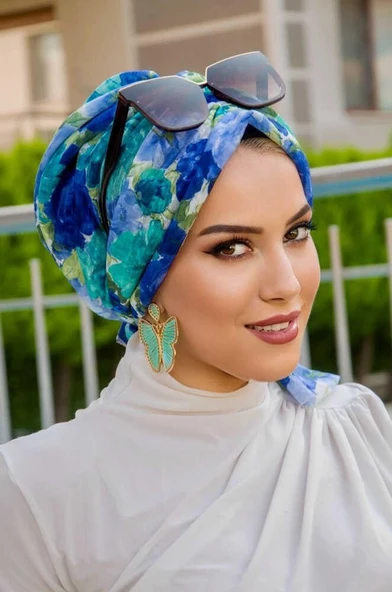 Lacivert Turkuaz Tonlu Çiçekli Tokalı Bone - Resim 2