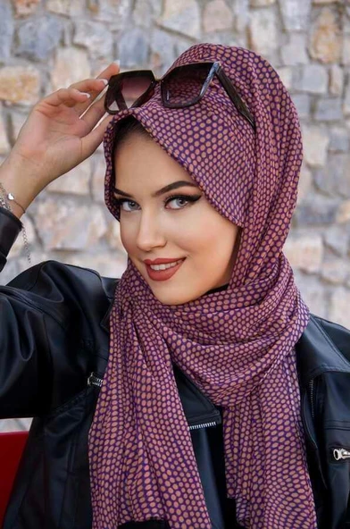 Mor Puan Desenli Şapka Şal - Resim 3