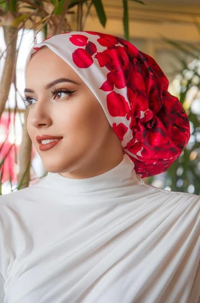 Kırmızı Gül Desen Çağla Hazır Türban - 3