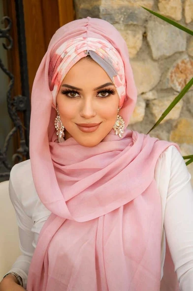 Pudra Somon Çiçek Desen Hazır Şal - Resim 3