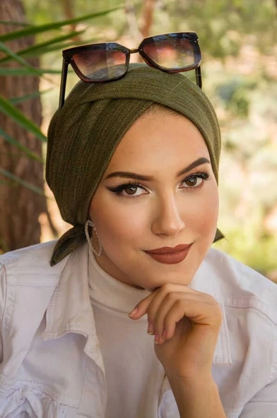 Haki Işıltılı Çapraz Bantlı Bone - Resim 2