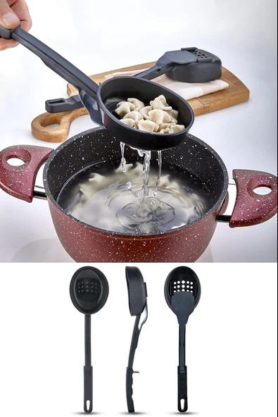 Isıya Dayanıklı 3 in 1 Servis Kepçesi - Kepçe Kevgir Kaşık 3'ü Bir Arada Servis Seti - Resim 2