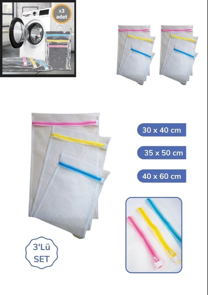 3'lü Çamaşır Yıkama Filesi Set Renkli Fermuarlı Pratik Çamaşır Yıkama Filesi Seti 3 Boy - Resim 2