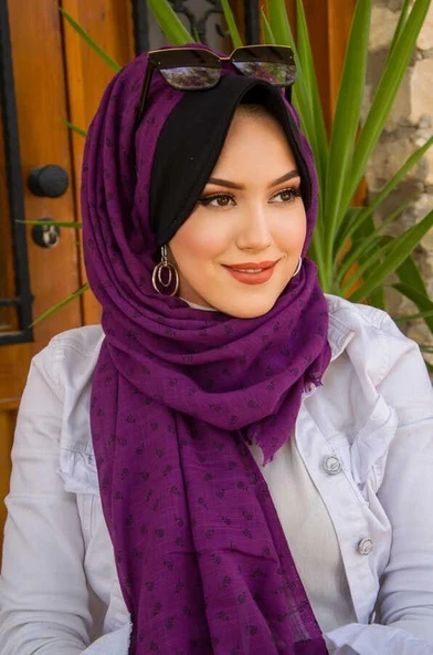 Mürdüm Çiçek Baskılı Şapkalı Şal - Resim 2