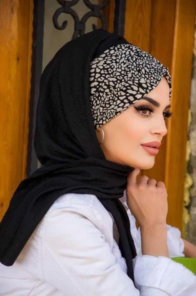 Siyah Kemik Feminen Desenli Hazır Şal - Resim 2
