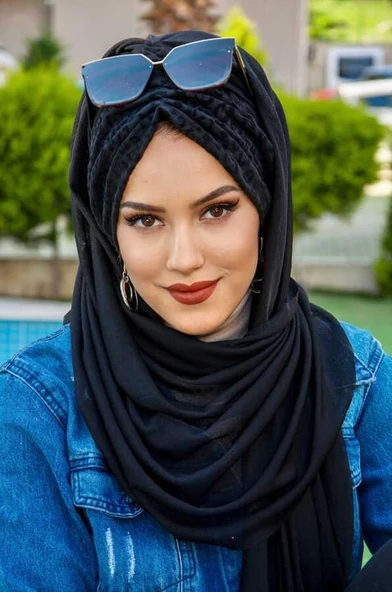 Siyah Kabartma Büzgülü Hazır Şal - Resim 3