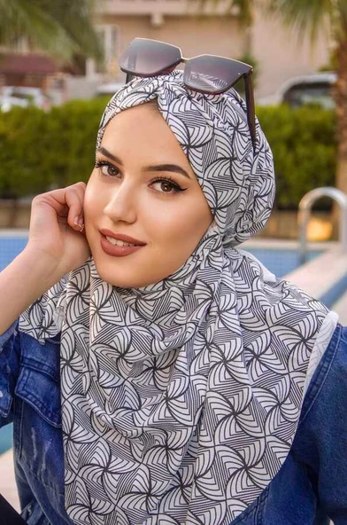 Beyaz Siyah Desenli Hazır Şal Eşarp - Resim 3
