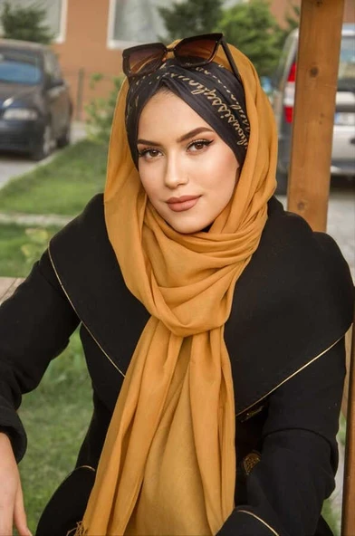 Hardal Siyah Yazı Desen Hazır Şal - Resim 3