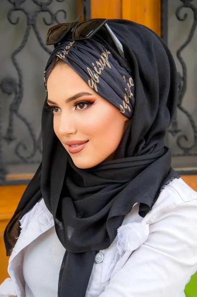 Siyah Gold Yazı Desen Hazır Şal - Resim 2