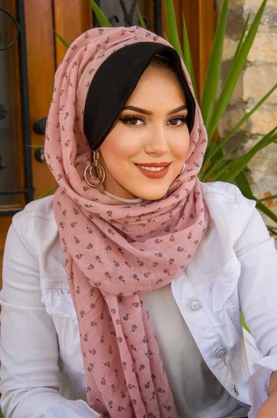 Pudra Siyah Baskılı Şapka Şal - Resim 3